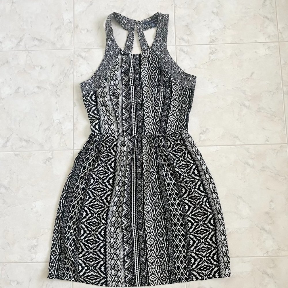 American Eagle Outfitters Black & White Patterned Open Back Mini A-Line Dress 0